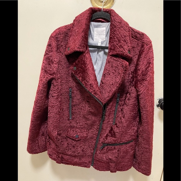 Burgundy Faux Fur Zip Biker Jacket - Picture 6 of 7